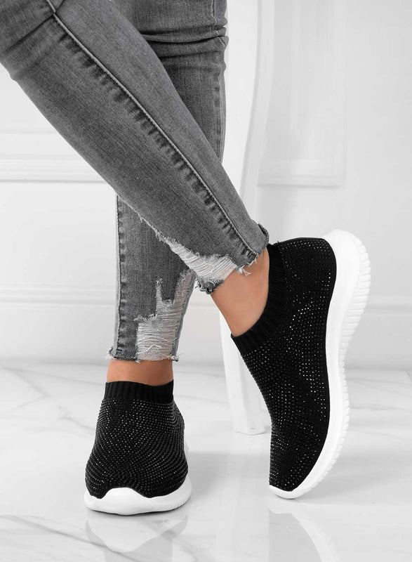 PARIS - Zapatillas negras de tejido elastico y pedreria