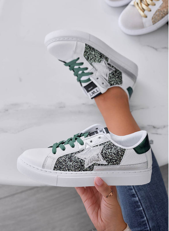 White sneakers with star and green glitter inserts