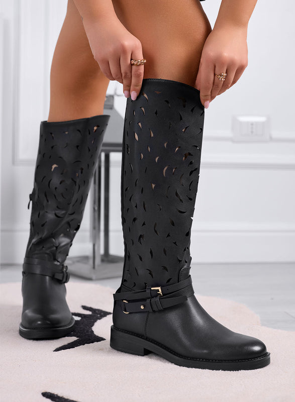 DIANA - Botas negras para mujer perforadas con cinturón