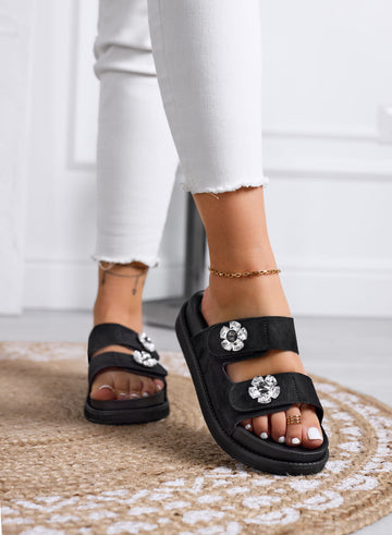 SAMMY - Sandalias negras tipo chanclas con doble tira y flores joya