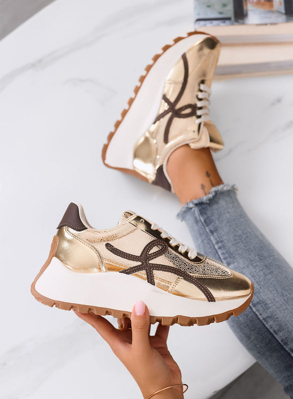 YONA - Gold sneakers with brown details and thick sole