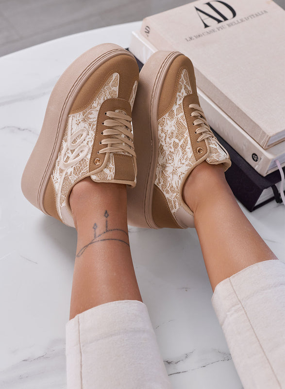 SHARON - Sneakers Donna camel con Pizzo e Suola Platform