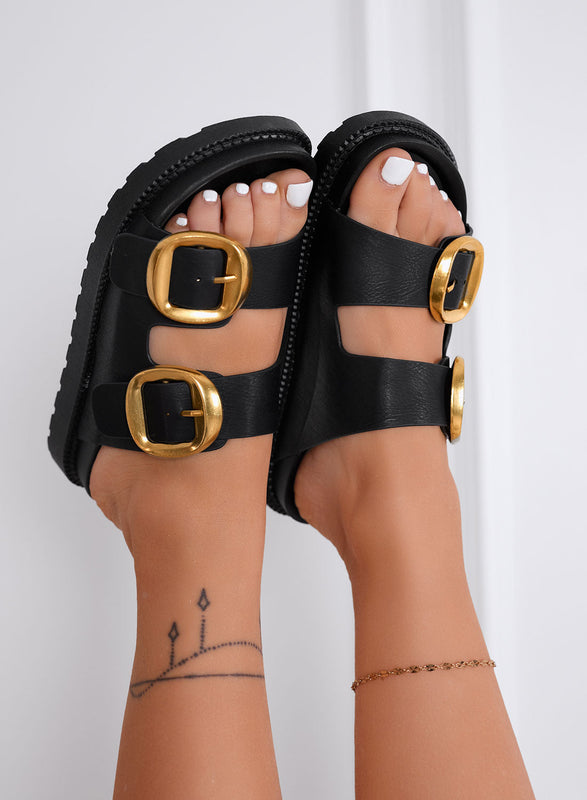 GINGER - Sandalias Platform Negras con Hebillas Doradas