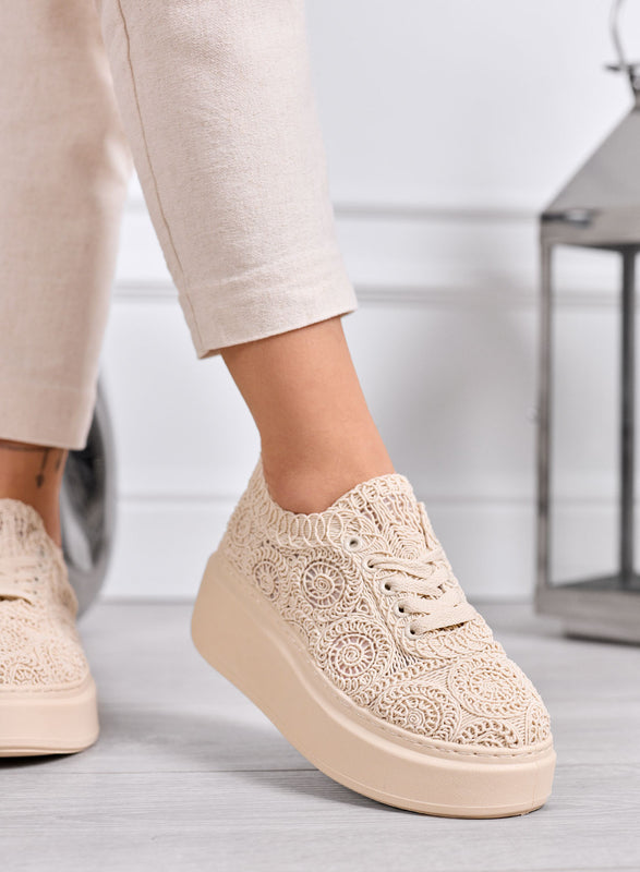 VALERIA - Zapatillas beige de encaje con plataforma alta