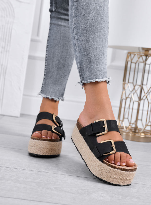 DANIEL - Sandalias negras tipo chancla con plataforma, doble hebilla y suela de cuerda