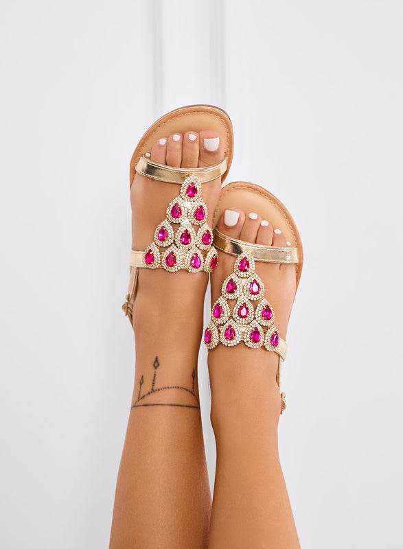 MOLLY - Gold jeweled sandals with fuchsia teardrop rhinestones