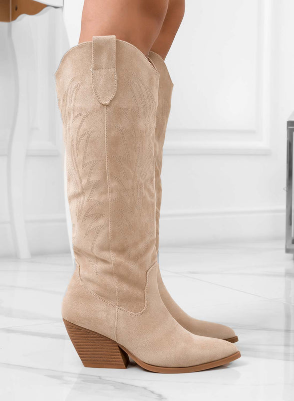 ELEVEN - Botas camper tejanas beige con tacón cómodo