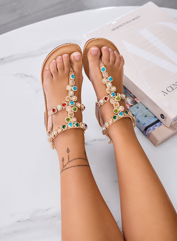 ELLEN - Nude jewel sandals with multicolor rhinestones