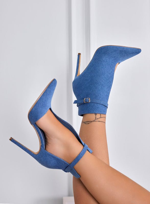 ADELAIDE - Botin denim azul con abertura lateral y tacon stiletto alto