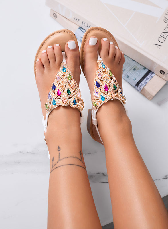 DREAMS - Low white sandals with multicolor stones and T-strap design