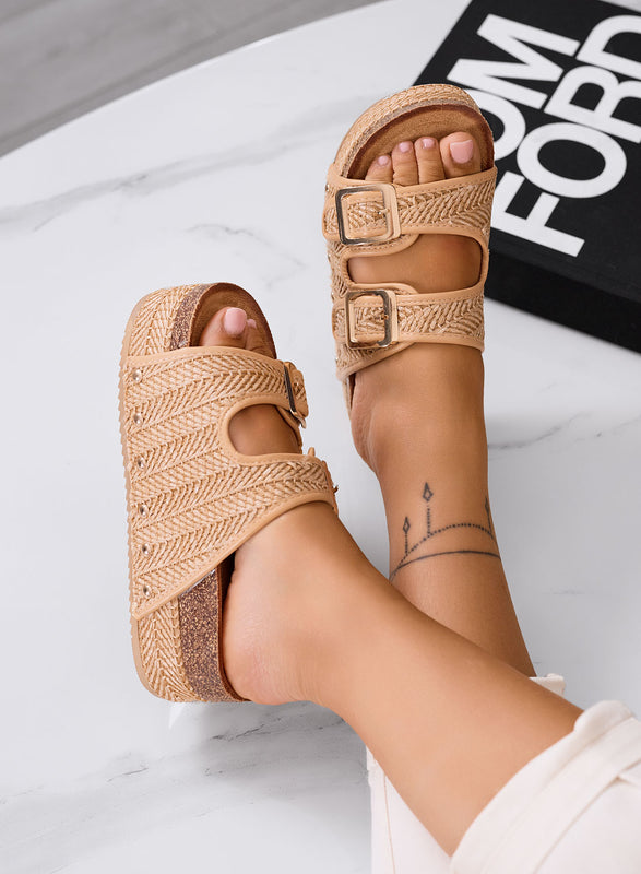 ZETA - Sandalias de cuña color barro con plataforma de cuerda trenzada y doble hebilla