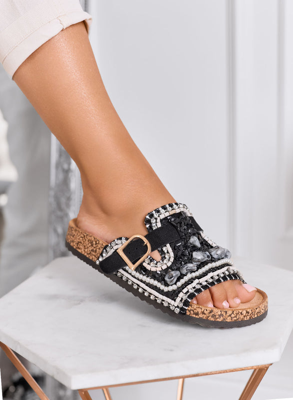 POLLY - Sandales mules noires avec applications et boucle dorée