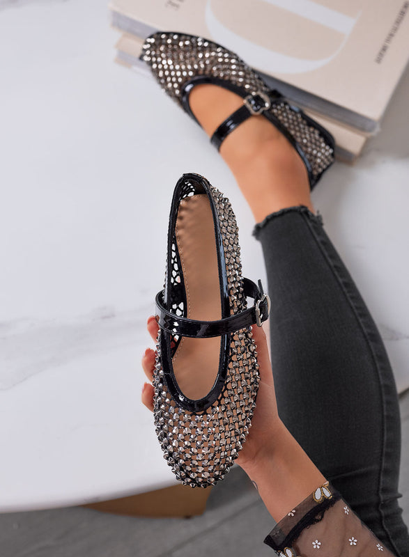 LAVINIA - Bailarinas negras con strass y cinturón ajustable