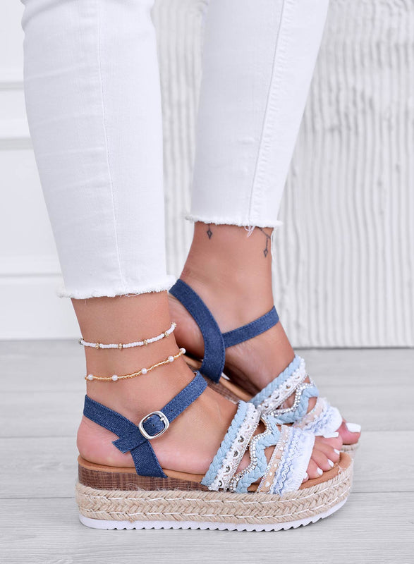 OLIVER - Blue denim wedge espadrille sandals with rhinestones