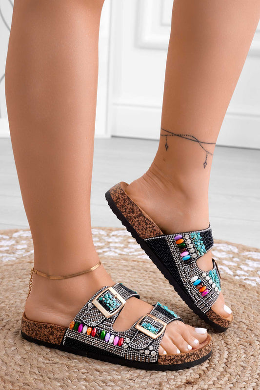 Sandalias tipo chancla negras con hebillas y piedras multicolor