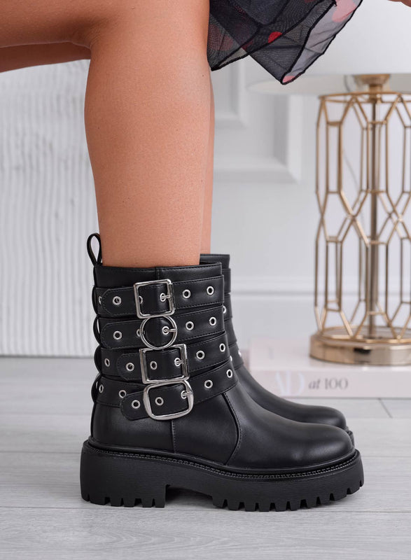 DOMINIQUE - Black biker ankle boots with buckles