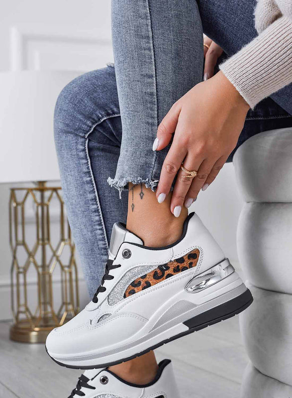 White sneakers with glitter and animal print inserts