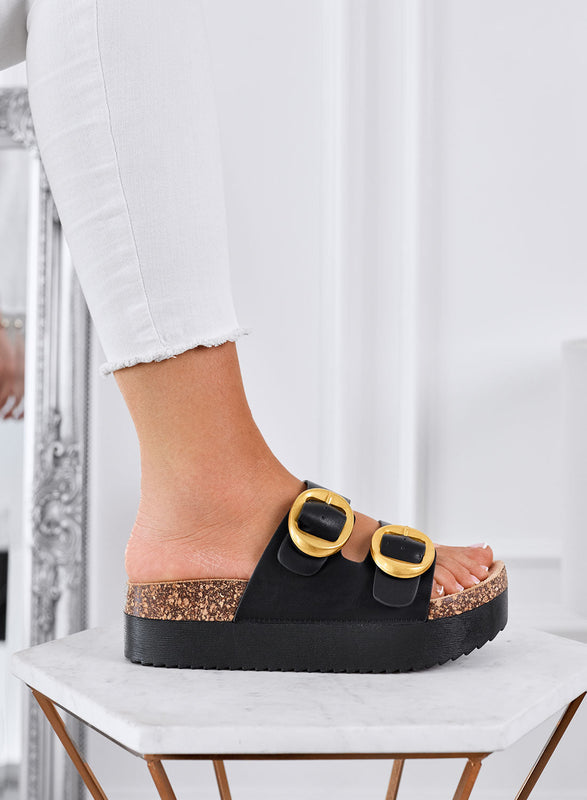 SOFIA - Sandalias negras tipo ciabatta platform con doble hebilla dorada