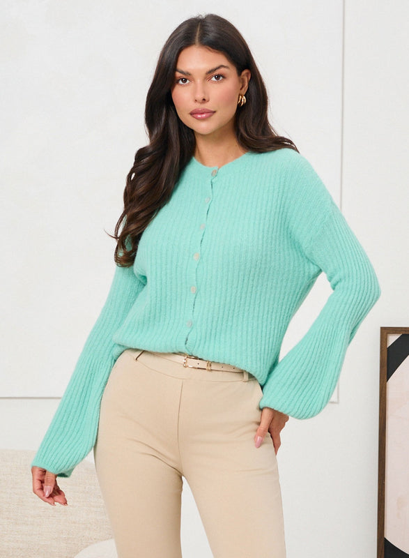 Ribbed Aqua Green Cardigan with Buttons and Soft Sleeves