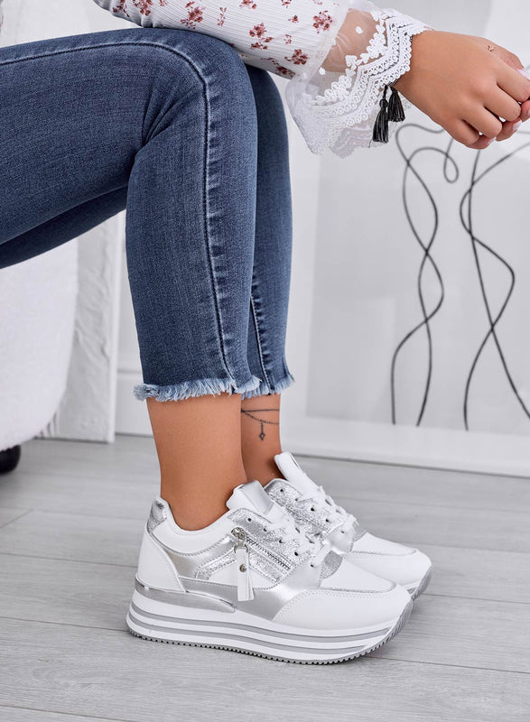 JANNY - Baskets blanches avec empiècements argentés laminés