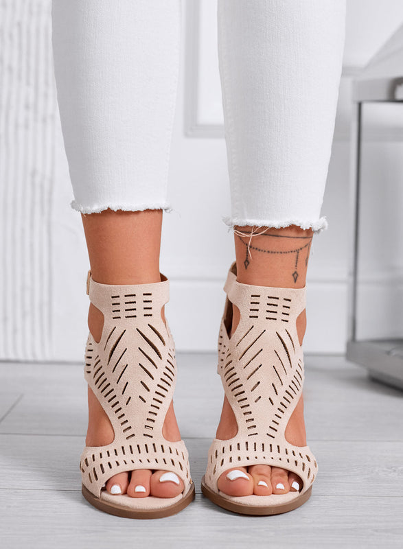 MILLER - Sandalias beige Perforadas con Tacón Largo Efecto Madera