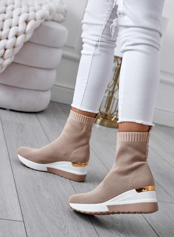 JUNA - Bottines beiges en tissu élastique avec semelle compensée