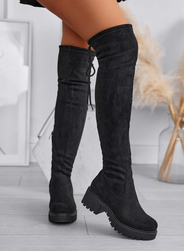 FLUX - bottes femme noires en daim jusqu'à la cuisse avec semelle épaisse