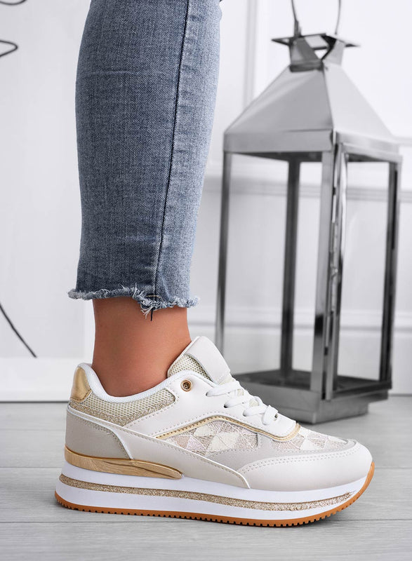 ANNALISA - Baskets beiges avec empiècements pailletés or