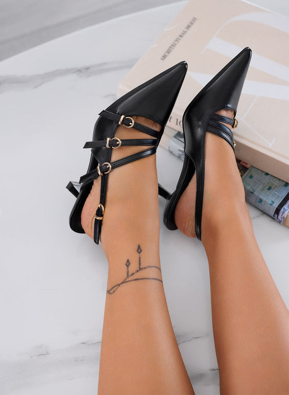 FAUSTA - Zapatos de tacón negros slingback con tiras finas y tacón de barril