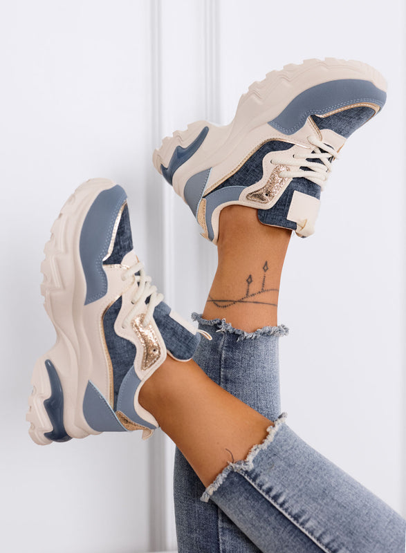 TRILLY - Baskets chunky bleues avec détails dorés et semelle épaisse