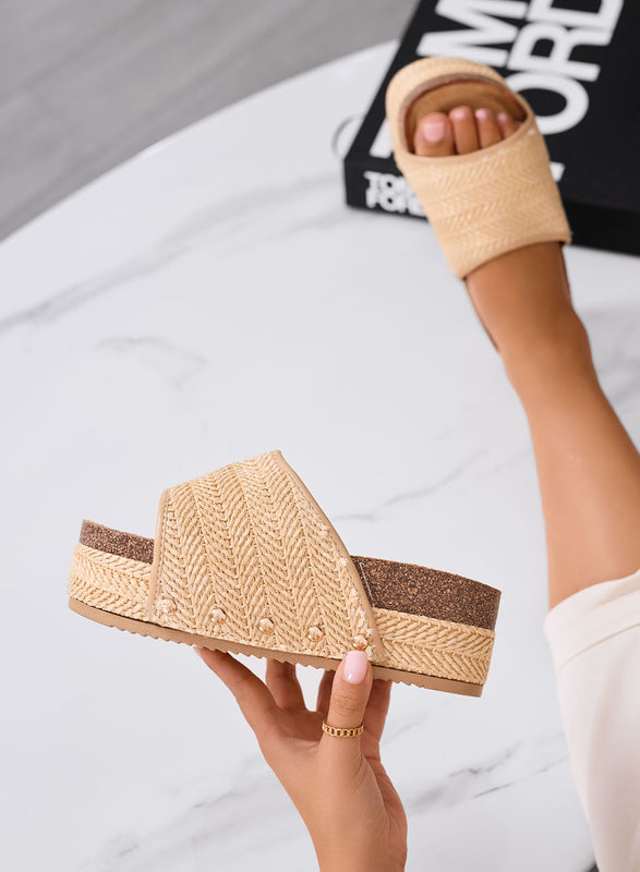 GIUSY - Sandales mules plateforme taupe en corde tressée avec semelle épaisse