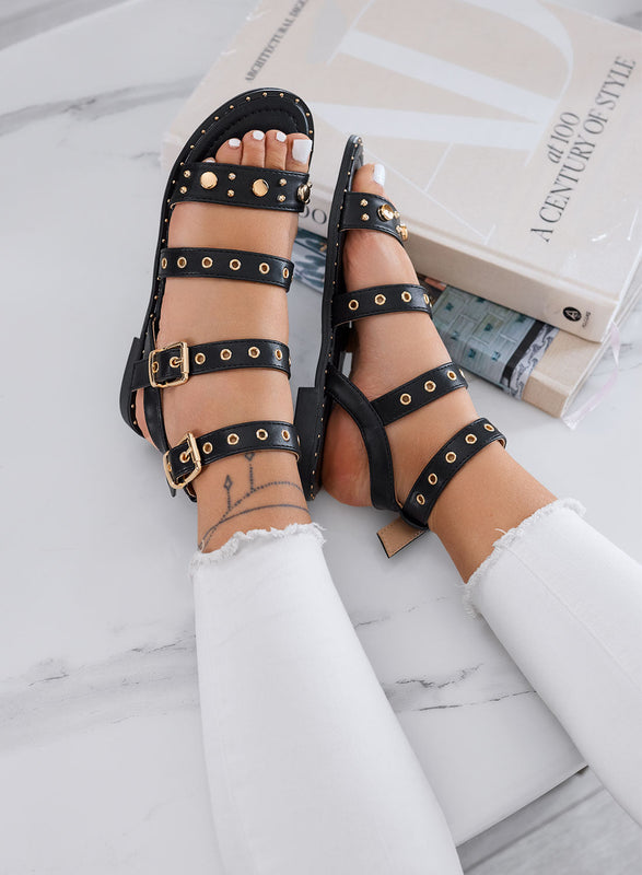 LILY - Sandalias negras bajas efecto pitón con tachuelas y hebillas