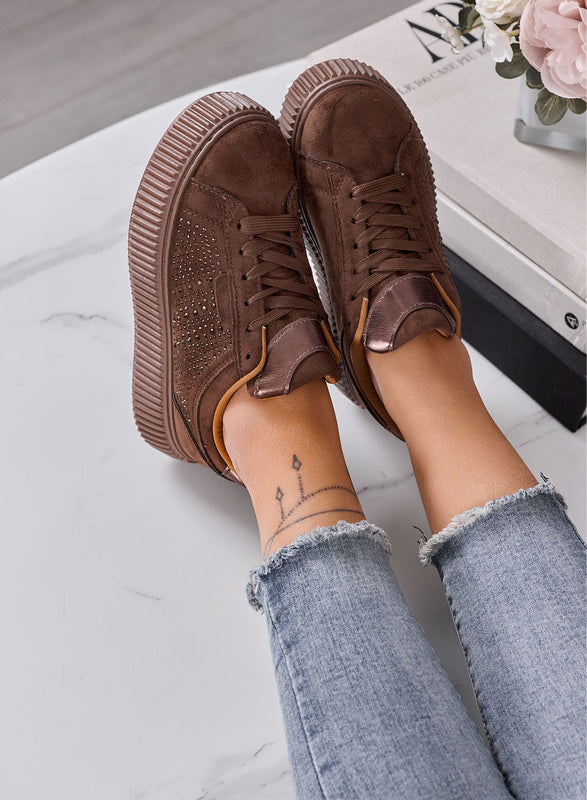 LIBERA - Sneakers Donna marroni con Strass e Suola Platform Alta