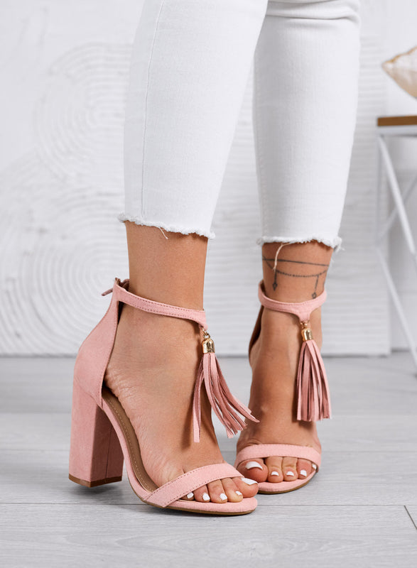 ZIVA - Sandalias rosas con tacón ancho y borlas colgantes