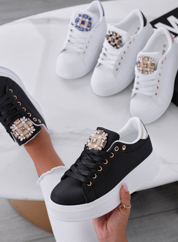 SOPHIE - Black sneakers with jewel embellishment and gold heel