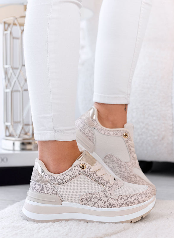 EMMA - Sneakers Beige con Stampa e Dettagli in strass