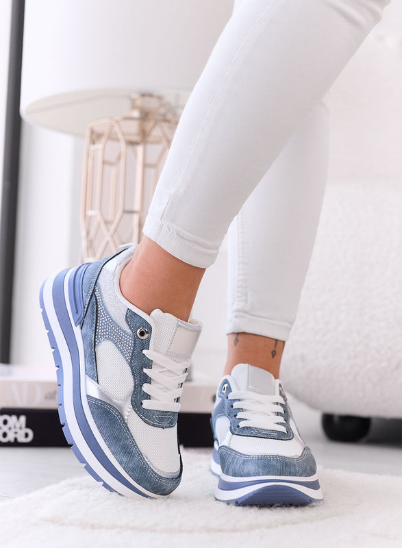 ALBA - Baskets Bleu Denim avec Strass et Semelle Plateforme