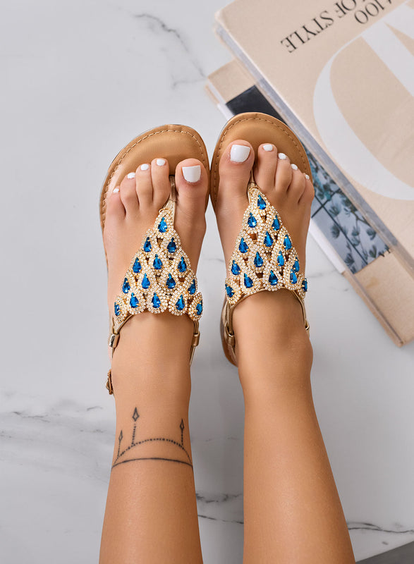DREAMS - Sandalias bajas joya doradas con gotas azules y cinturón ajustable