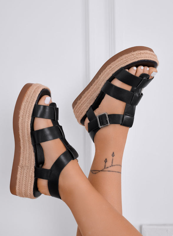 SHELLY - Sandalias negras tipo plataforma con tiras anchas y suela de cuerda