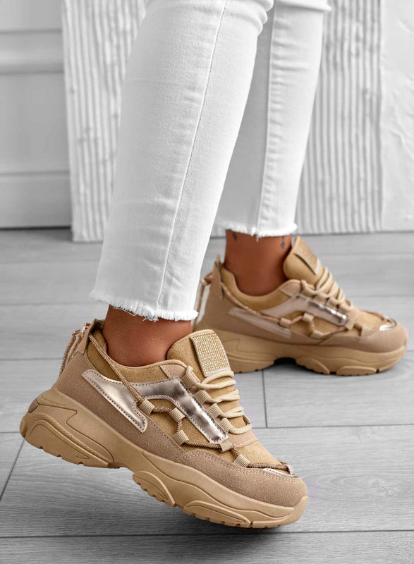 Baskets couleur boue avec semelle épaisse et strass