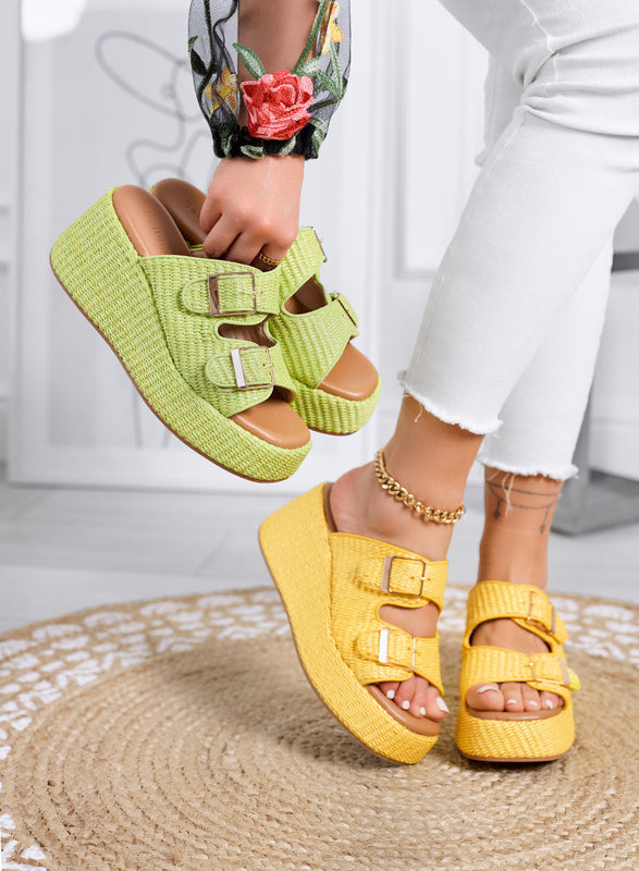 GINA - Yellow platform slide sandals with double buckle