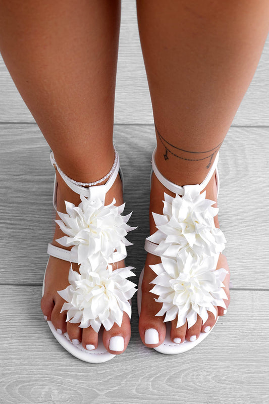 CONNIE - Sandalias blancas de dedo en raso con flor aplicada