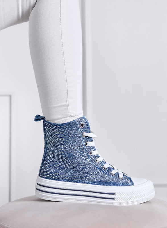 ROSALIA - Baskets montantes bleu jean avec strass et semelle plateforme
