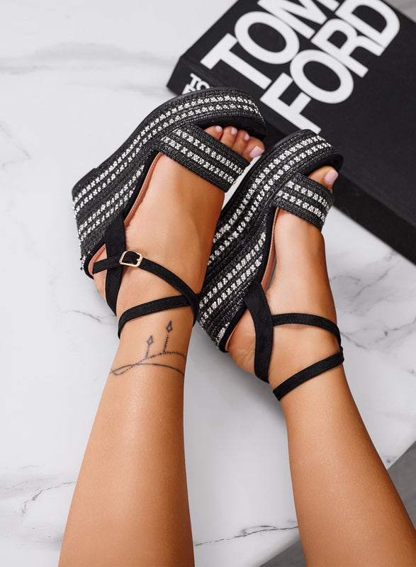 NAOMI - Black wedge sandals with ankle strap
