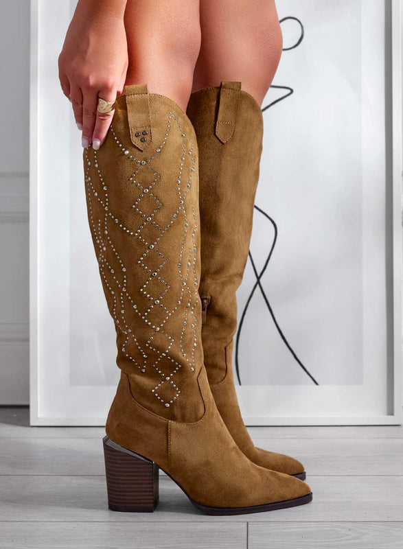 VERONICA - Bottes marron en daim avec strass