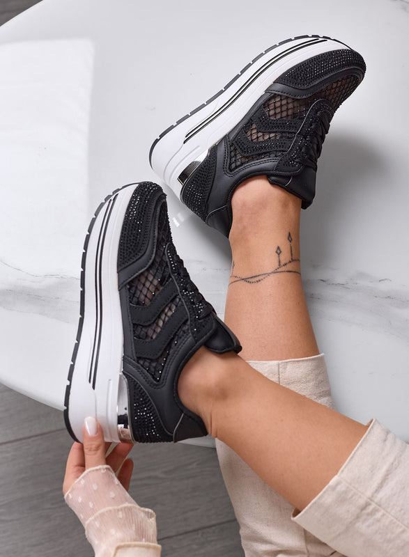 MIRANDA - Black Platform Sneakers with Mesh Inserts and Rhinestones