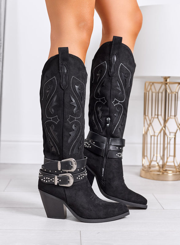 NOEMI - Botas tejanas negras con correas y bordados tono sobre tono