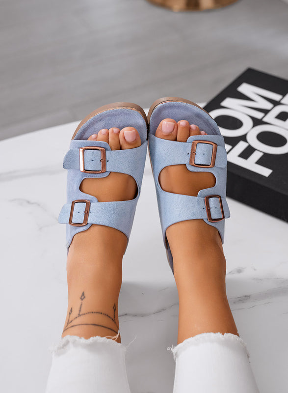 INES - Sandalias Zapatillas azules de ante con hebillas y suela cómoda de corcho