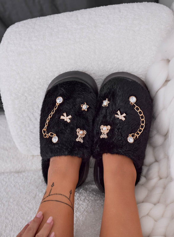 LUDOVICA - Pantuflas de pelo sintético negras con aplicaciones de joyas doradas