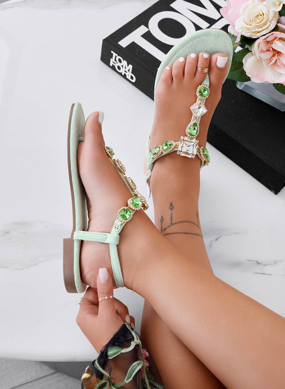 CASSANDRA - Flat green jeweled thong sandals